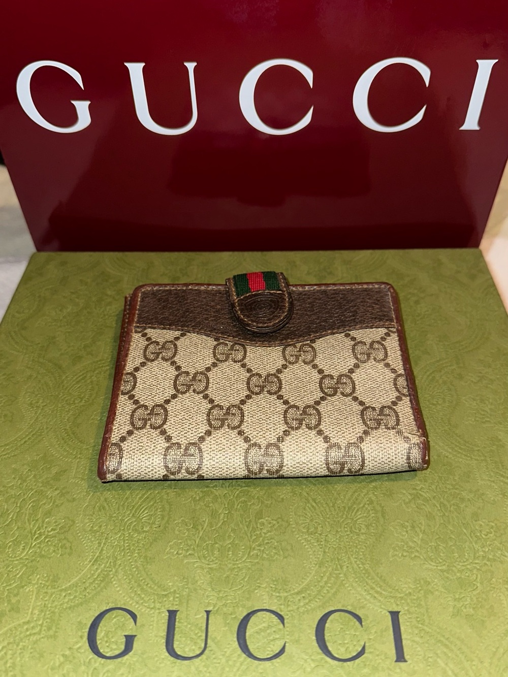Vintage Gucci GG Supreme Web Stripe Bifold Wallet Brown Beige Monogram Made Ital